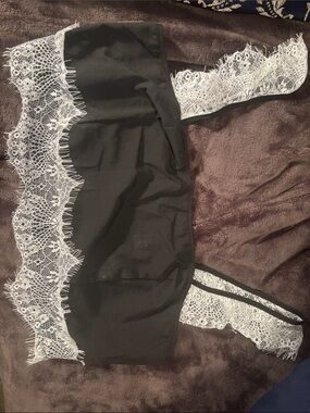 SHEIN Black Crop Top with White Lace Trim